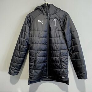 Puma Black Long Puffer Jacket Womens XS Hooded Lightweight Athleisure Coat